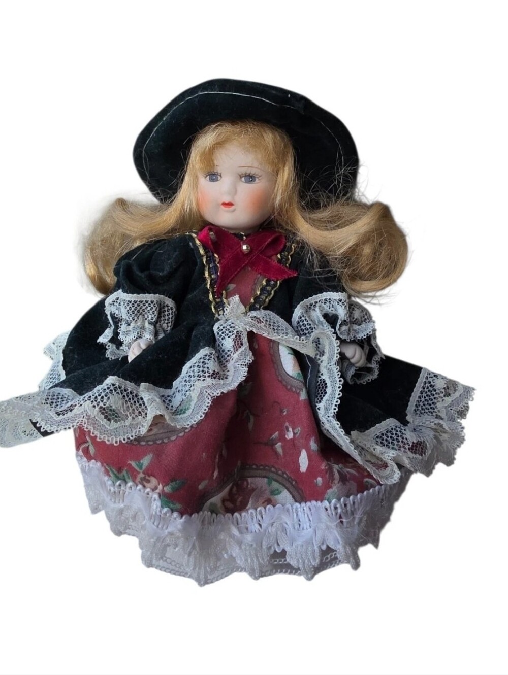 Vintage Bisque Porcelain Doll Blonde Victorian Style Green Velvet Dress Hat 8"